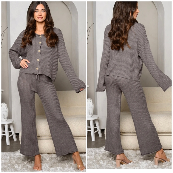 VERY J Charcoal Gray Chic 2-Piece Ribbed Top And Pants Set - Picture 3 of 4